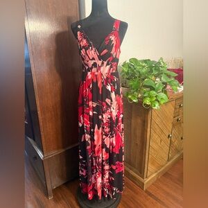 Bisou Bisou Black Maxi Dress with Red and Pink Floral Pattern